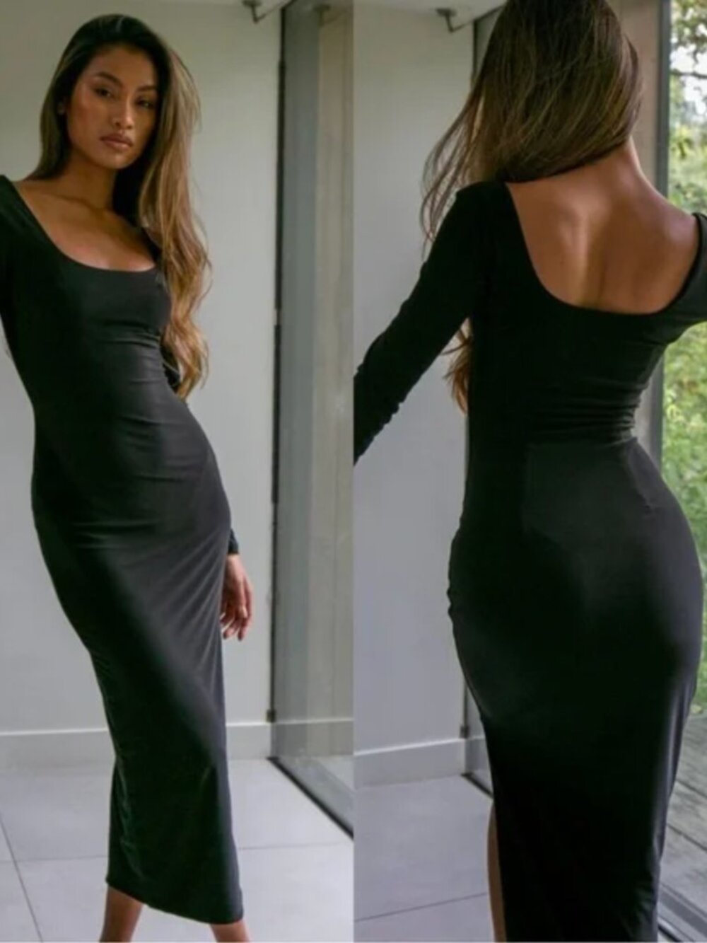 NWOT AYM Black Paxton Shapewear Stretch Scoop Neck Long Sleeve Midi Dress